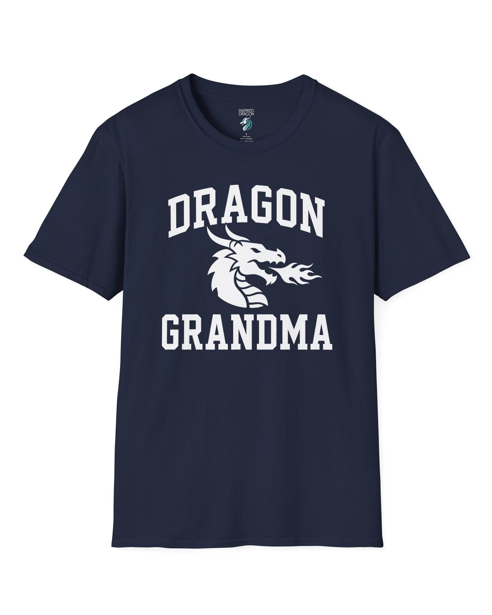 Dragon Grandma shirt in navy with bold collegiate lettering and a minimalist dragon breathing fire emblem