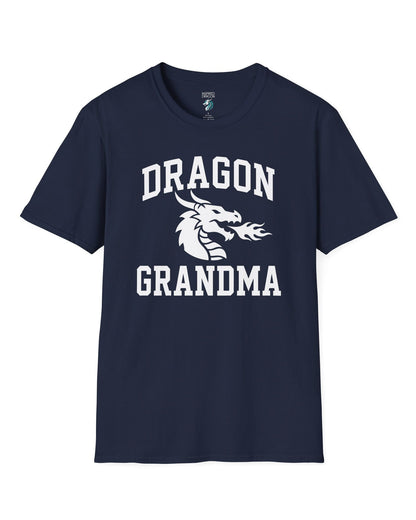 Dragon Grandma shirt in navy with bold collegiate lettering and a minimalist dragon breathing fire emblem