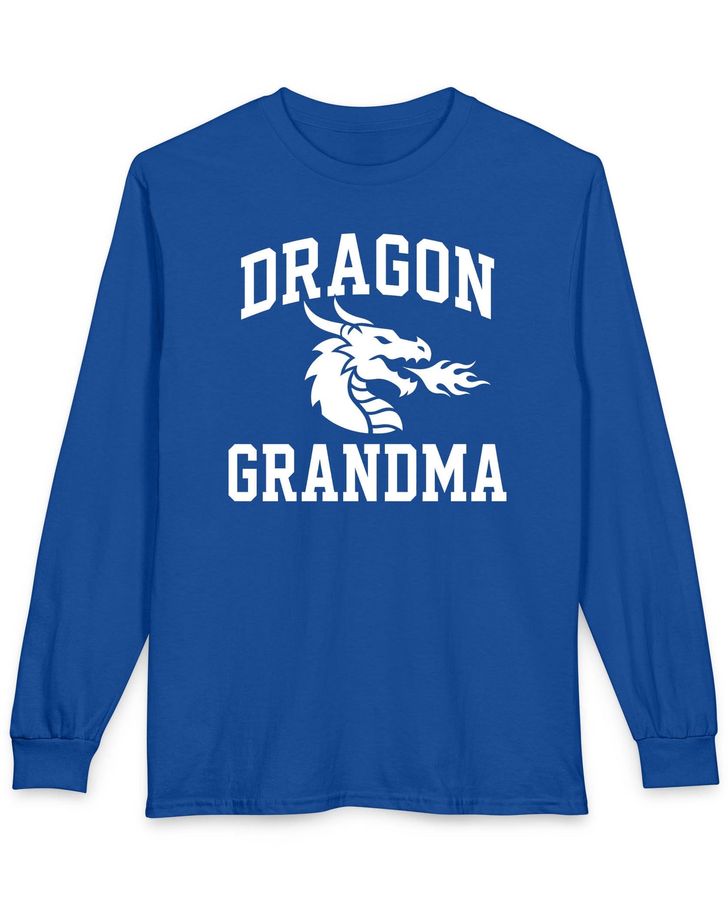 Dragon Grandma shirt in royal with bold collegiate lettering and a minimalist dragon breathing fire emblem