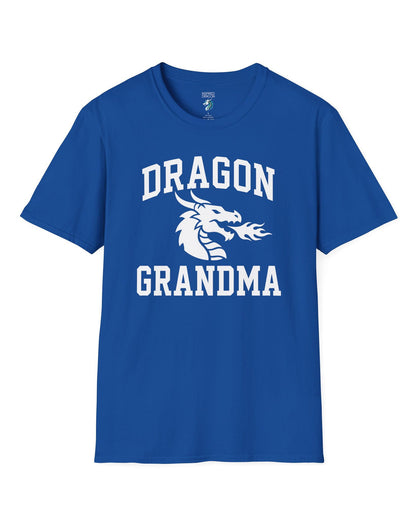 Dragon Grandma shirt in royal with bold collegiate lettering and a minimalist dragon breathing fire emblem