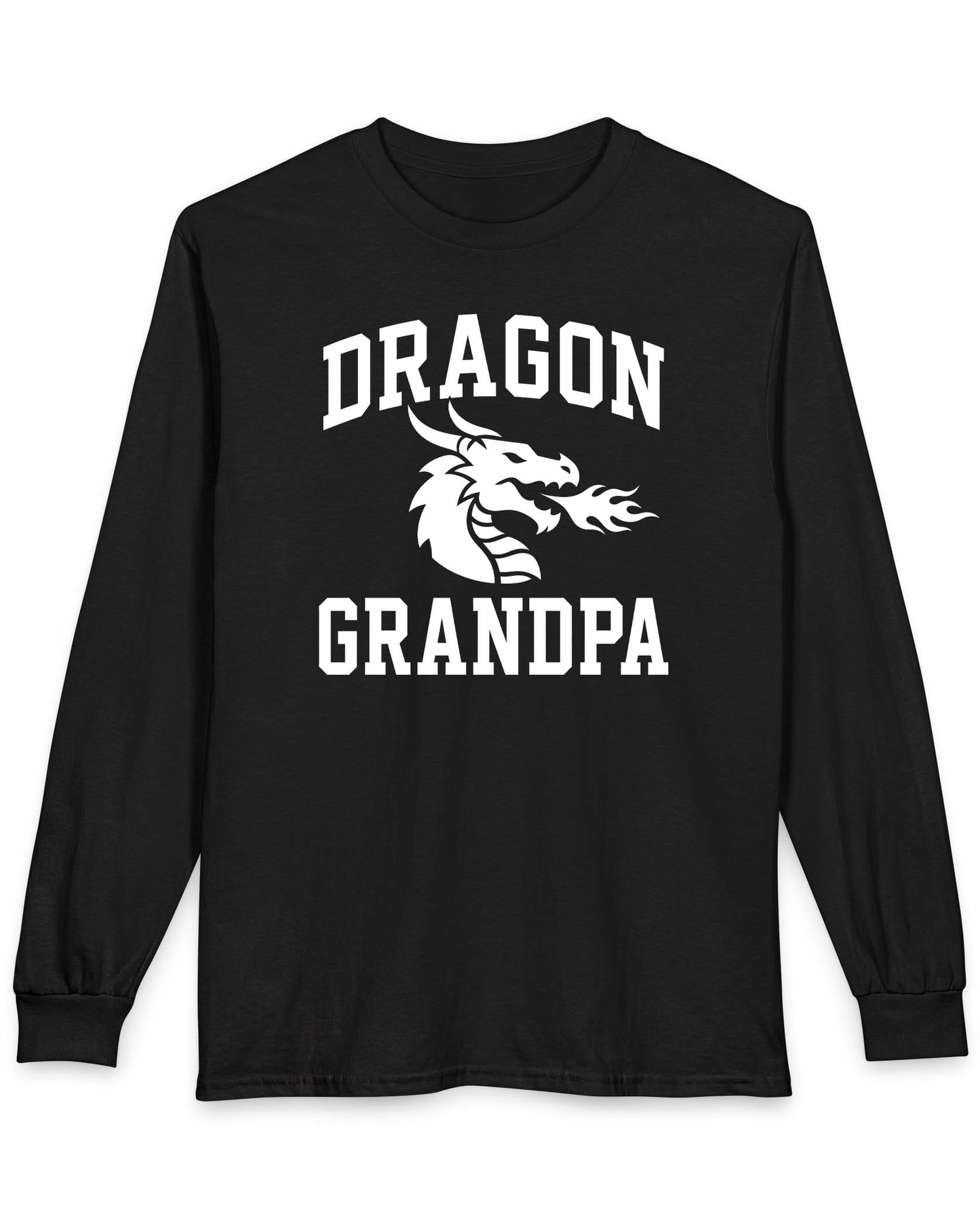 Dragon Grandpa shirt in black with bold collegiate lettering and a minimalist dragon breathing fire emblem