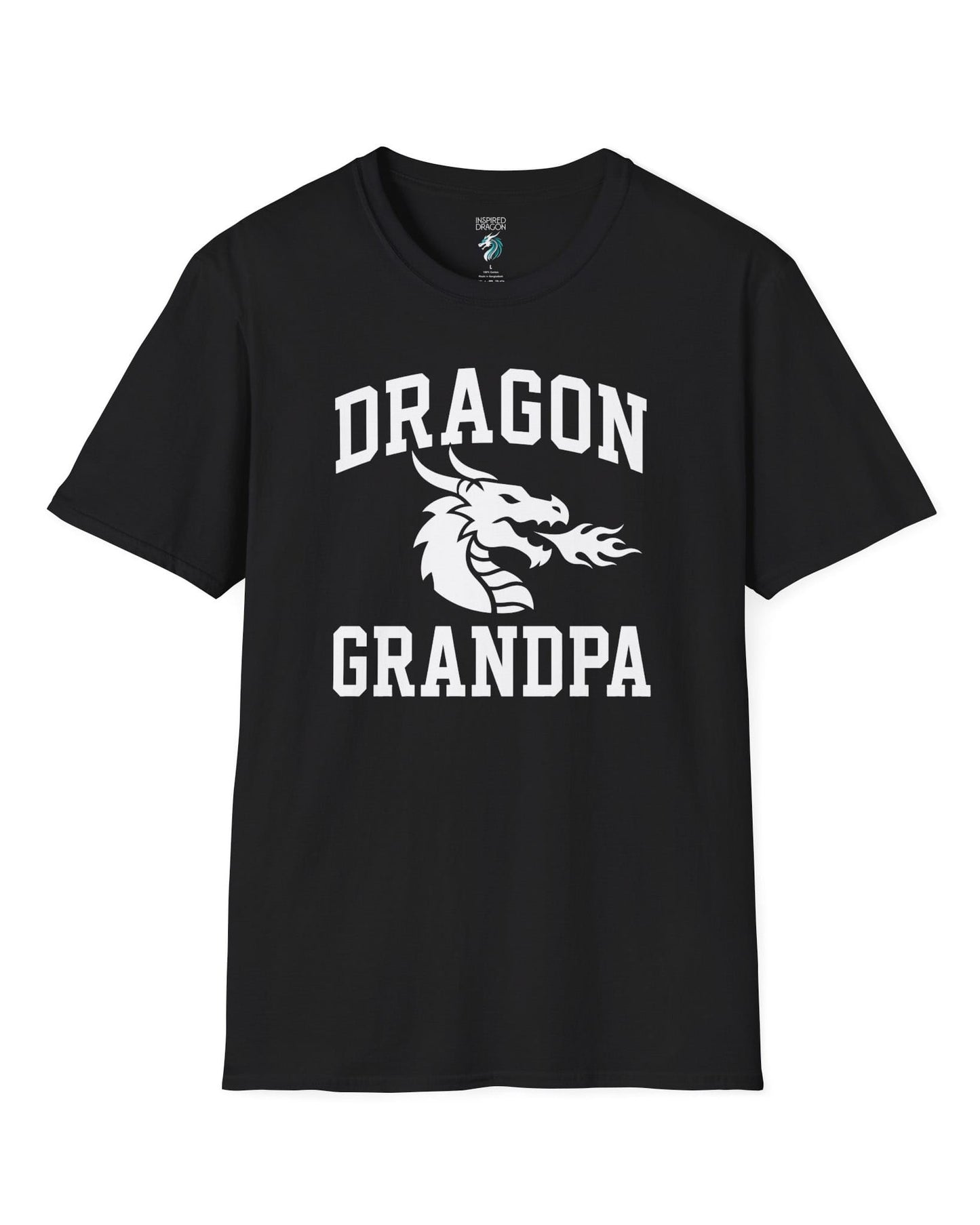 Dragon Grandpa shirt in black with bold collegiate lettering and a minimalist dragon breathing fire emblem
