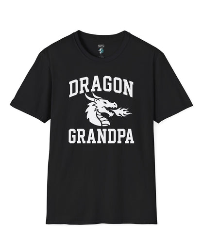 Dragon Grandpa shirt in black with bold collegiate lettering and a minimalist dragon breathing fire emblem