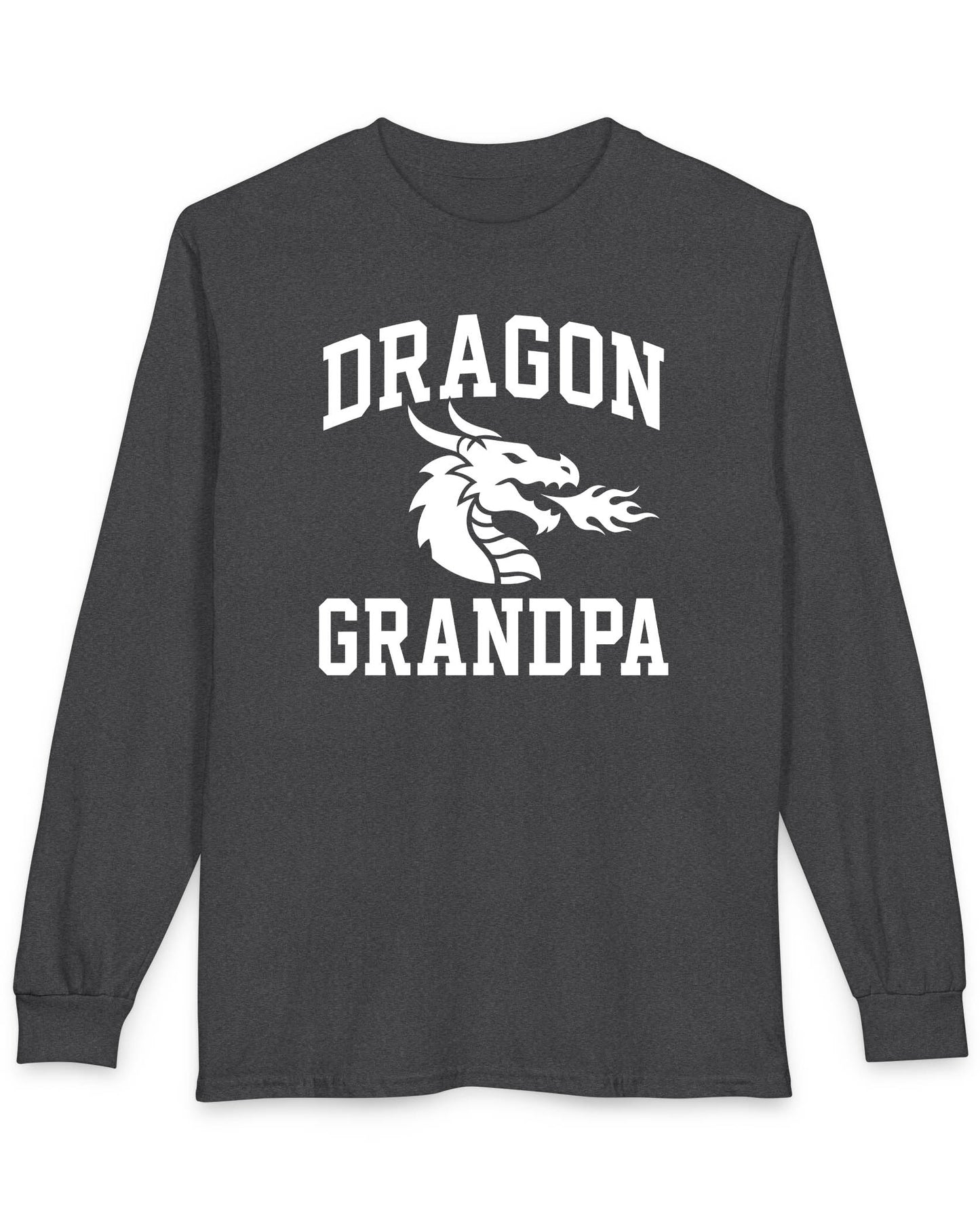 Dragon Grandpa shirt in dark heather with bold collegiate lettering and a minimalist dragon breathing fire emblem