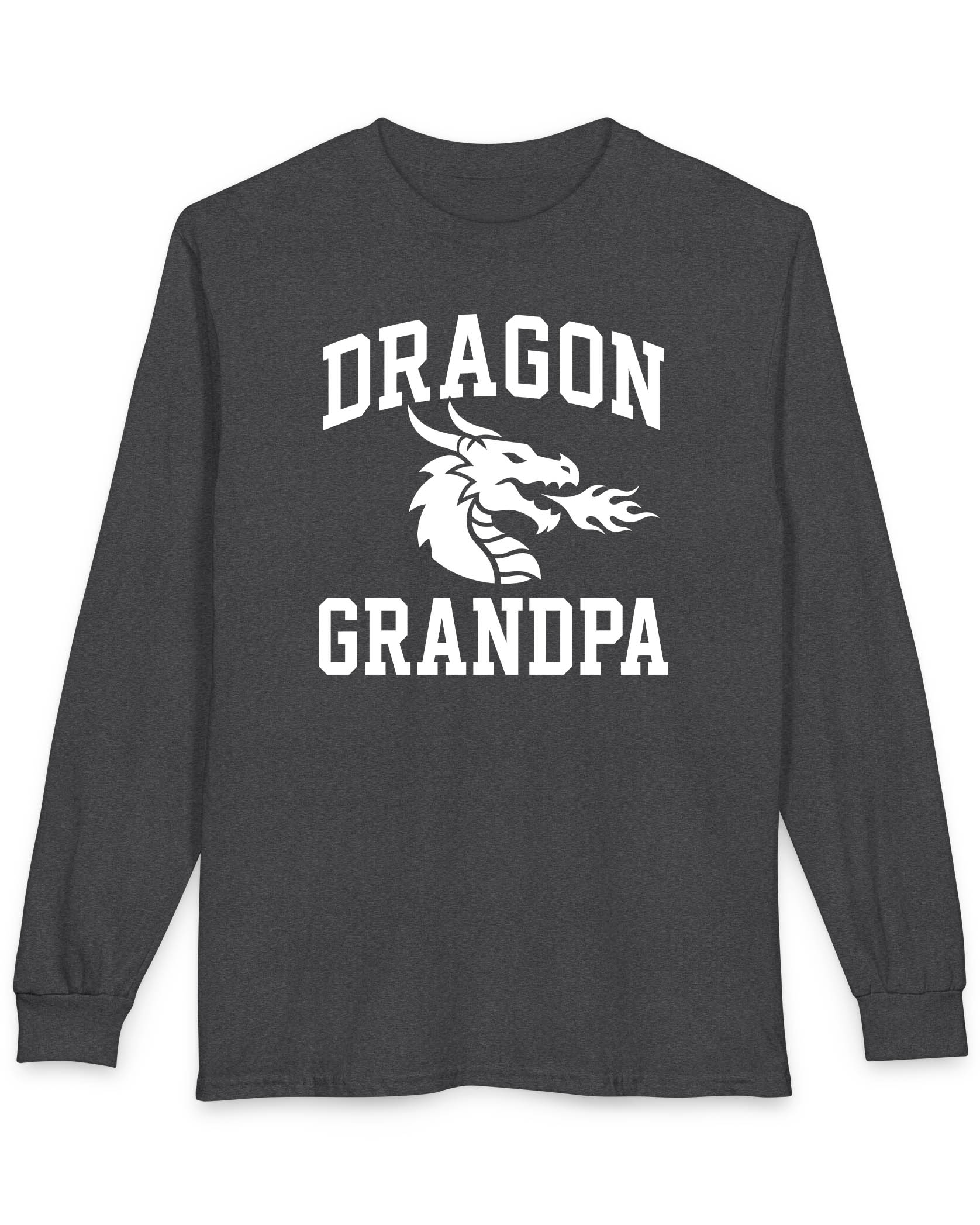 Dragon Grandpa shirt in dark heather with bold collegiate lettering and a minimalist dragon breathing fire emblem