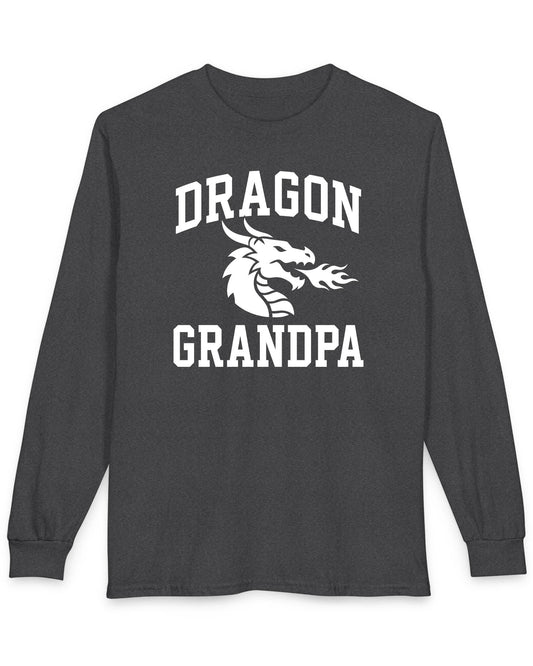 Dragon Grandpa shirt in dark heather with bold collegiate lettering and a minimalist dragon breathing fire emblem