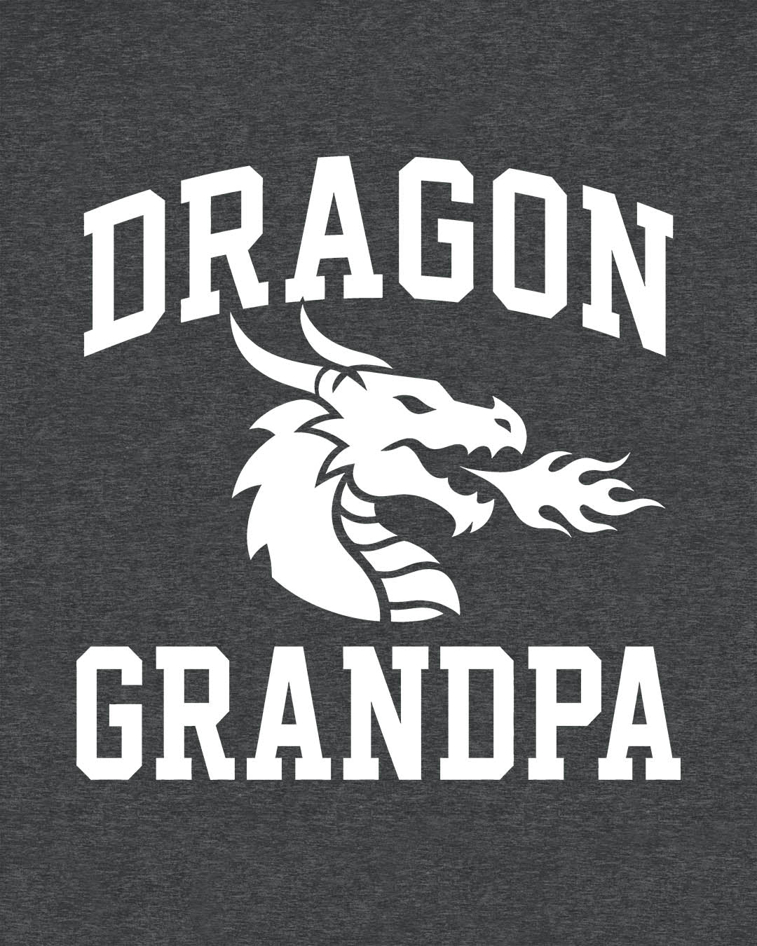 Dragon Grandpa shirt in dark heather with bold collegiate lettering and a minimalist dragon breathing fire emblem