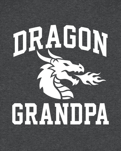 Dragon Grandpa shirt in dark heather with bold collegiate lettering and a minimalist dragon breathing fire emblem