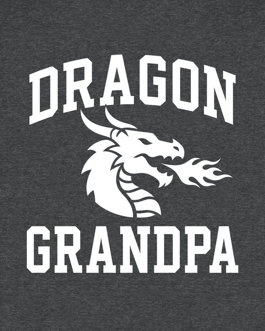 Dragon Grandpa shirt in dark heather with bold collegiate lettering and a minimalist dragon breathing fire emblem