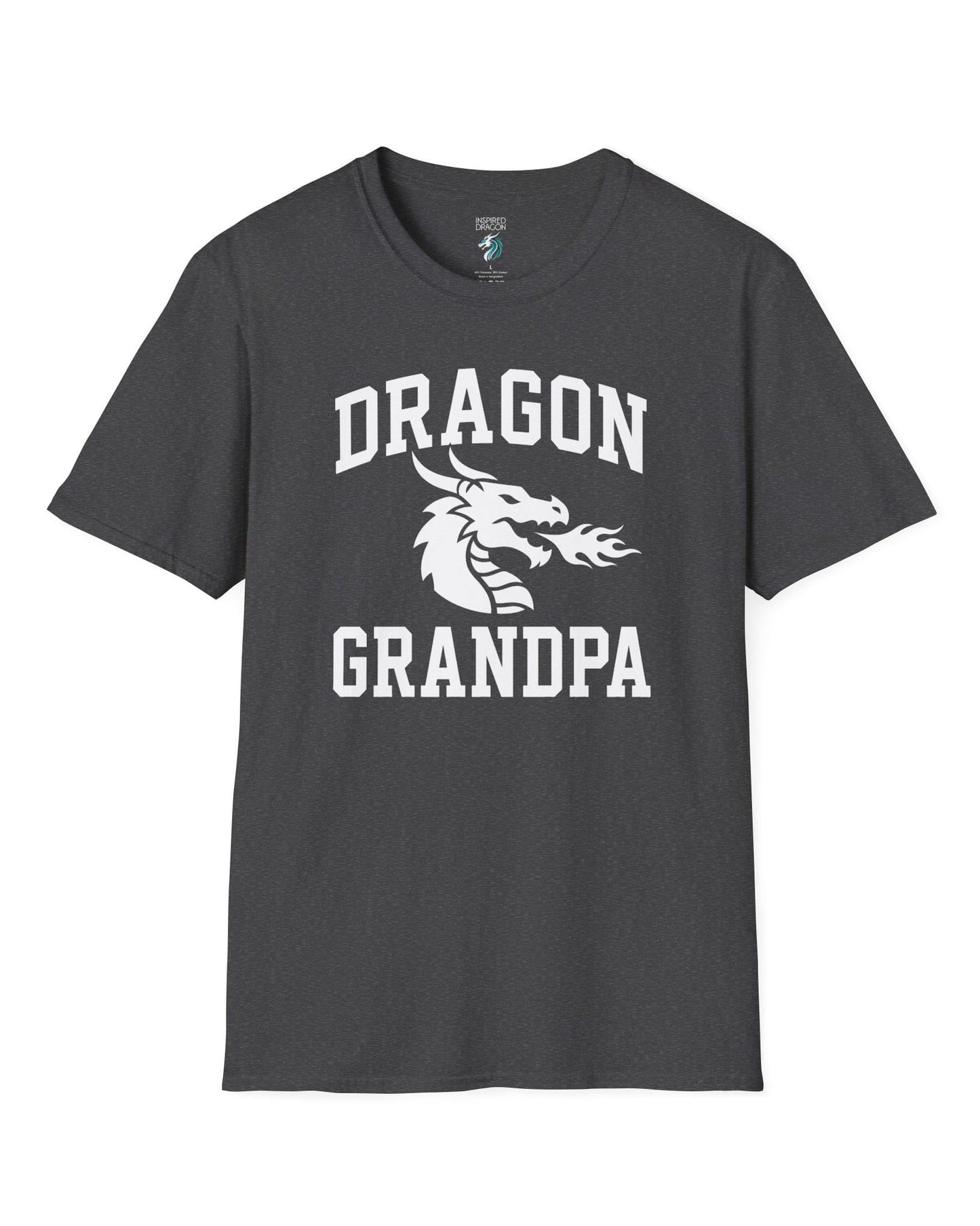 Dragon Grandpa shirt in dark heather with bold collegiate lettering and a minimalist dragon breathing fire emblem