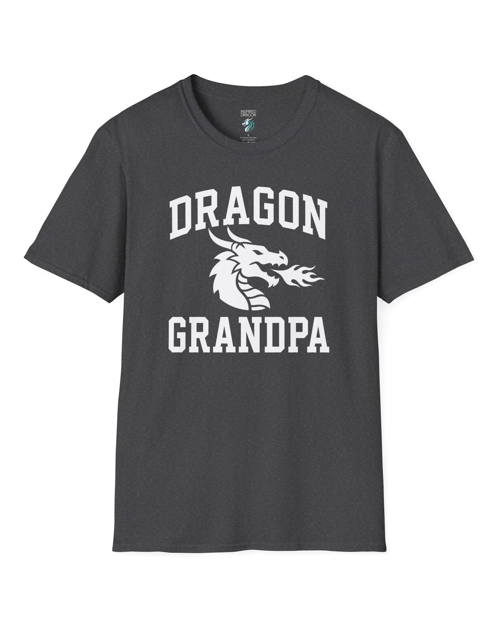 Dragon Grandpa shirt in dark heather with bold collegiate lettering and a minimalist dragon breathing fire emblem