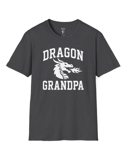 Dragon Grandpa shirt in dark heather with bold collegiate lettering and a minimalist dragon breathing fire emblem