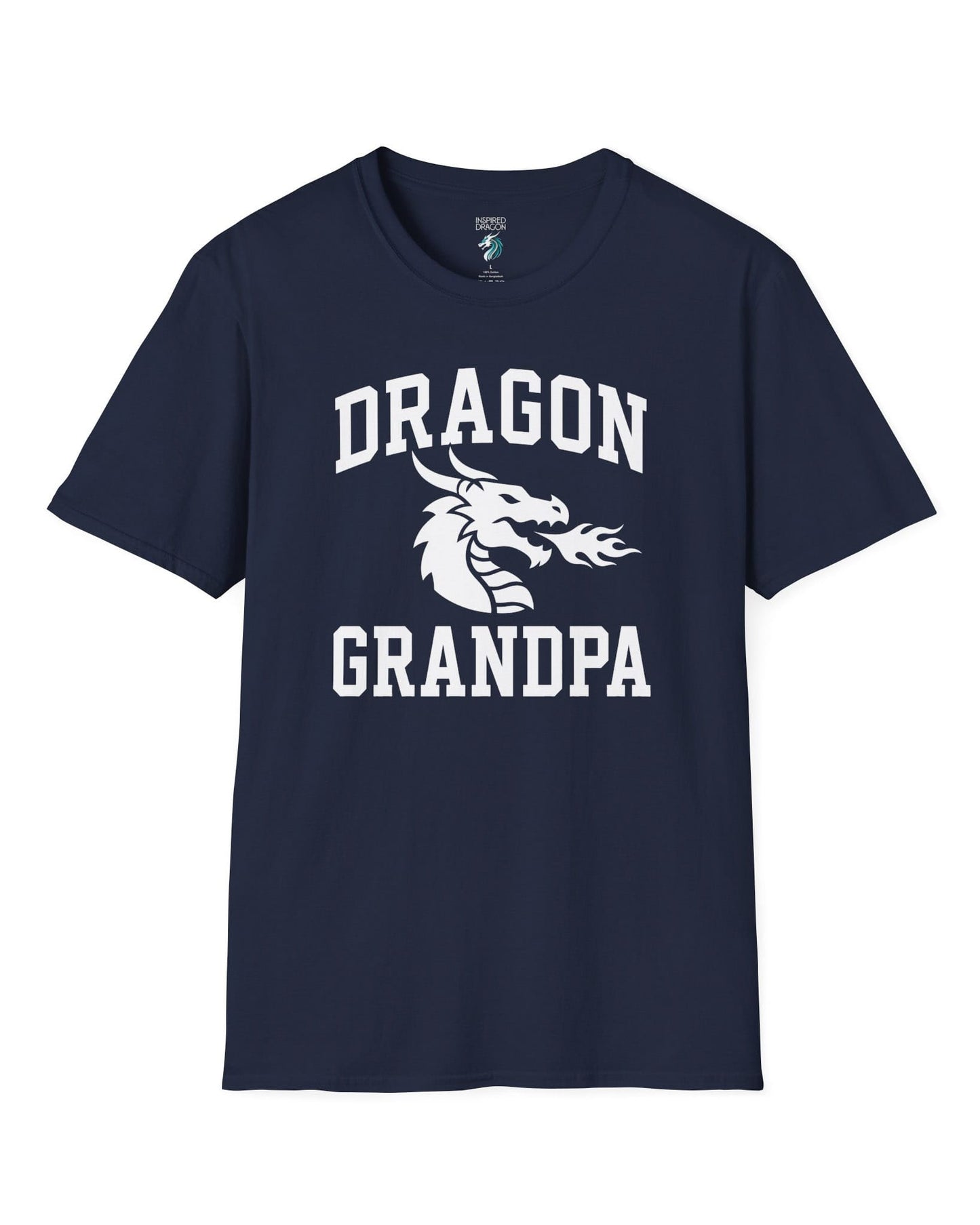Dragon Grandpa shirt in navy with bold collegiate lettering and a minimalist dragon breathing fire emblem