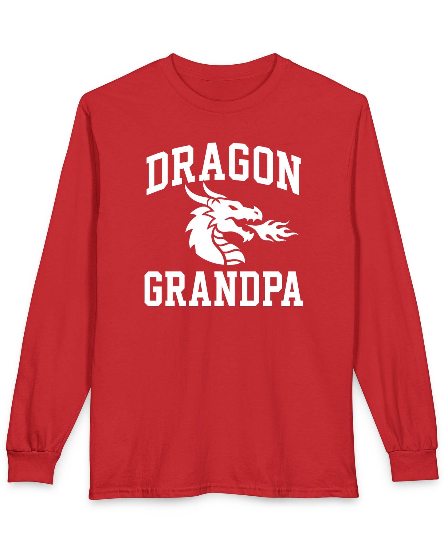 Dragon Grandpa shirt in red with bold collegiate lettering and a minimalist dragon breathing fire emblem
