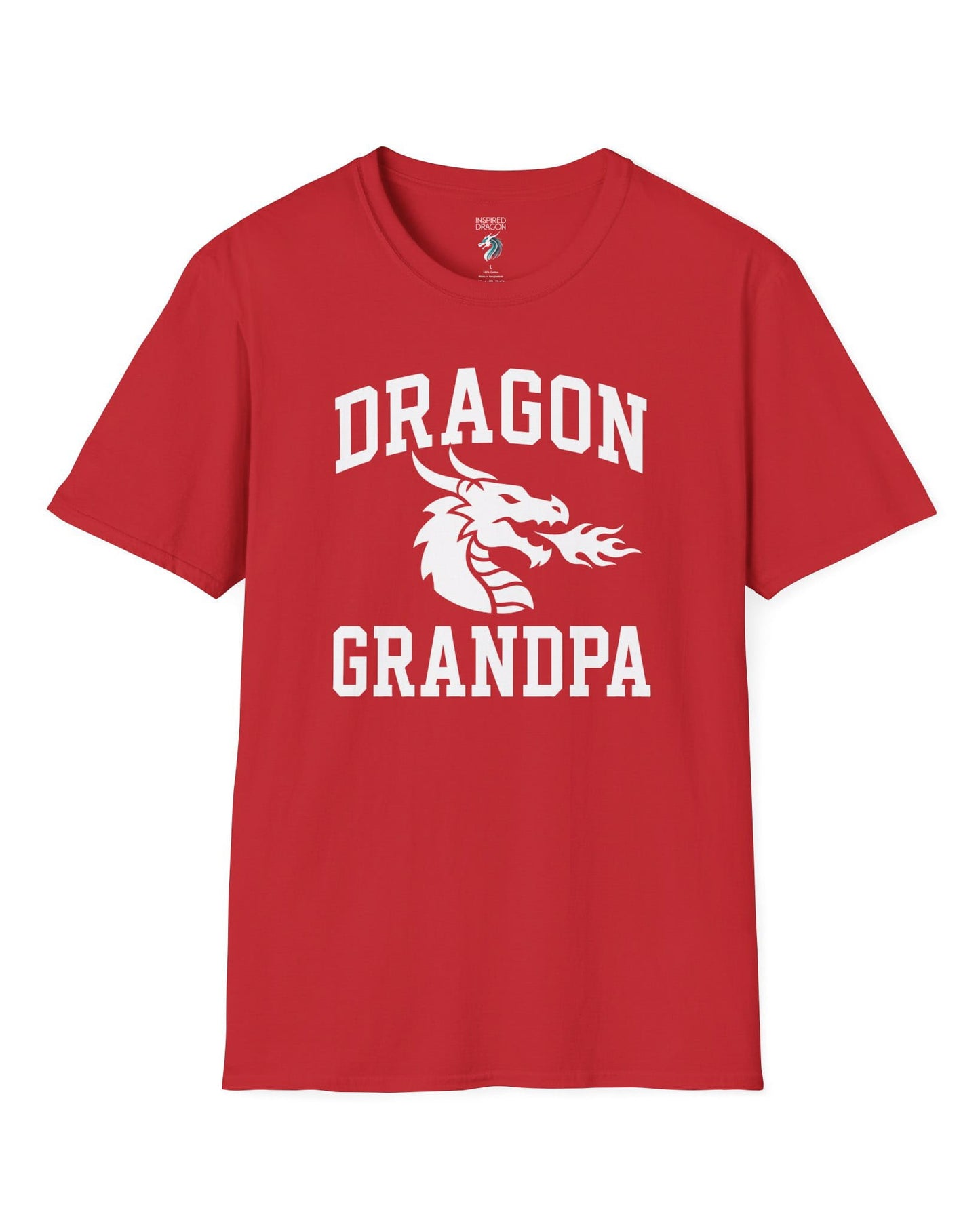 Dragon Grandpa shirt in red with bold collegiate lettering and a minimalist dragon breathing fire emblem