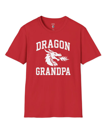 Dragon Grandpa shirt in red with bold collegiate lettering and a minimalist dragon breathing fire emblem
