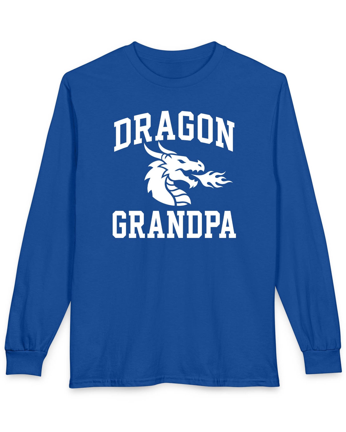 Dragon Grandpa shirt in royal blue with bold collegiate lettering and a minimalist dragon breathing fire emblem