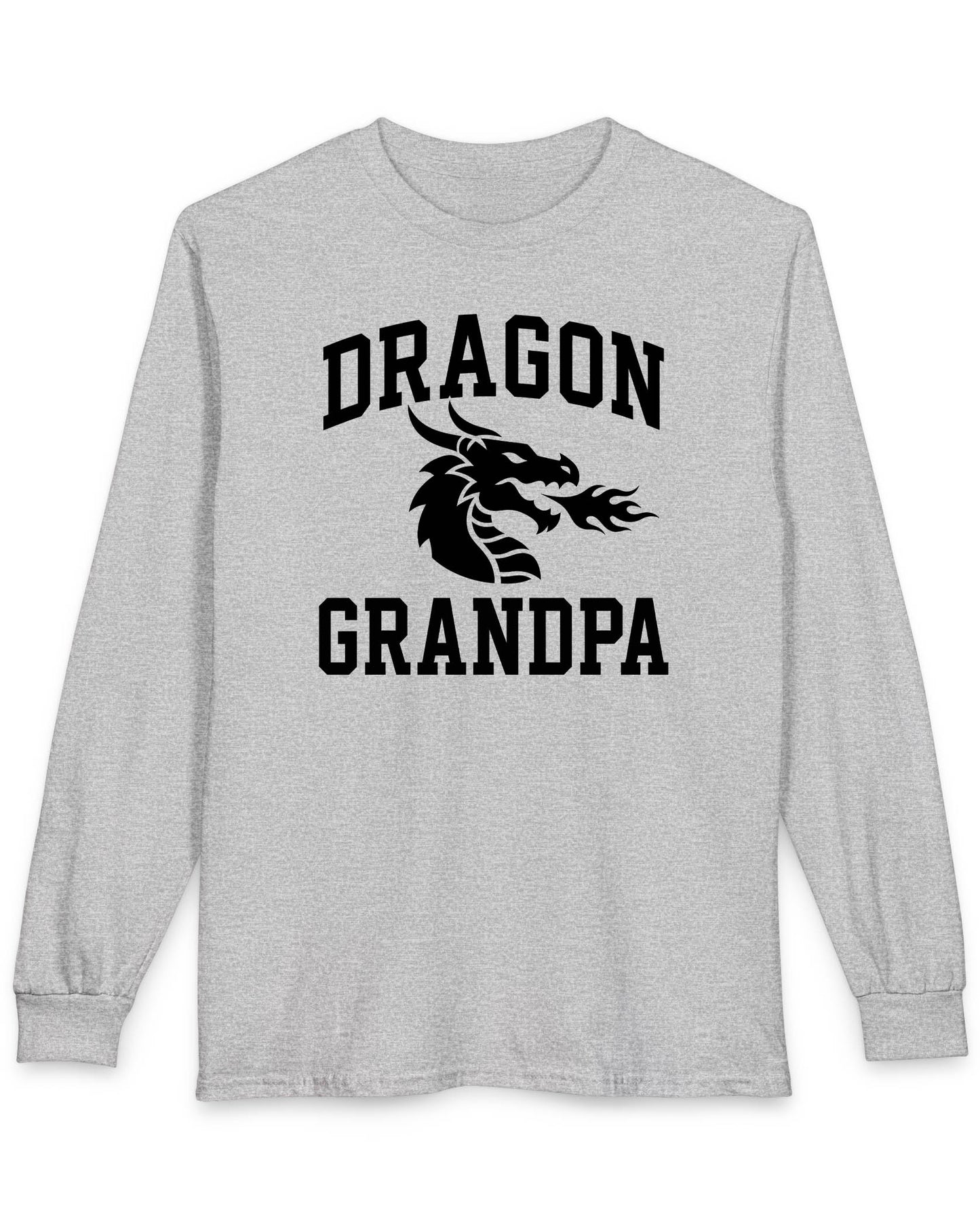 Dragon Grandpa shirt in sport grey with bold collegiate lettering and a minimalist dragon breathing fire emblem