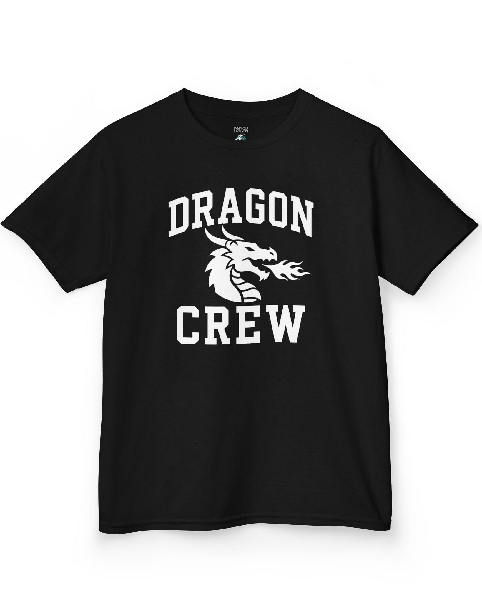 Dragon Crew shirt in black with bold collegiate lettering and a minimalist dragon breathing fire emblem