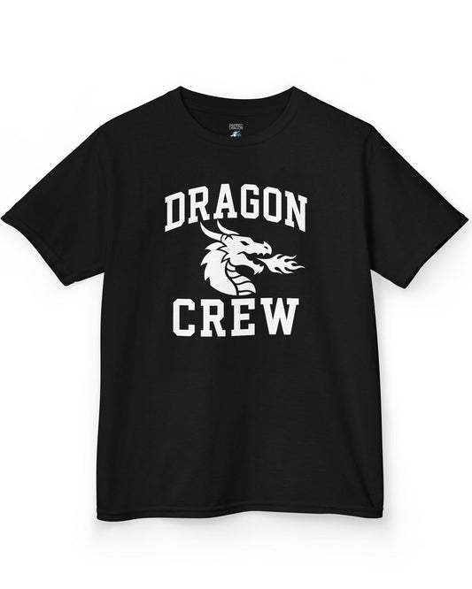 Dragon Crew shirt in black with bold collegiate lettering and a minimalist dragon breathing fire emblem
