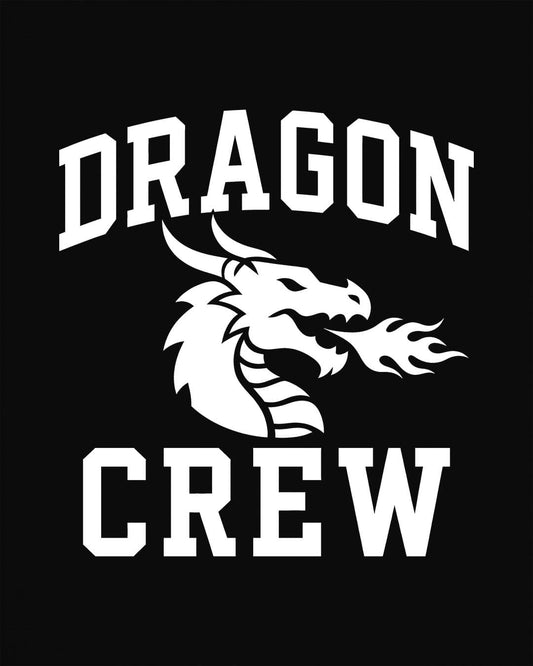 Dragon Crew shirt in black with bold collegiate lettering and a minimalist dragon breathing fire emblem