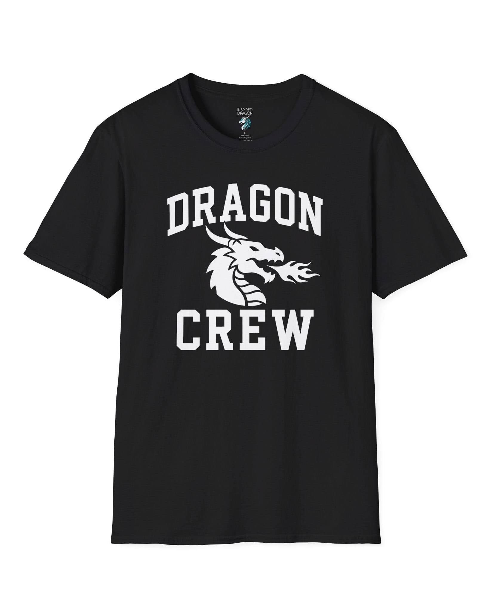 Dragon Crew shirt in black with bold collegiate lettering and a minimalist dragon breathing fire emblem