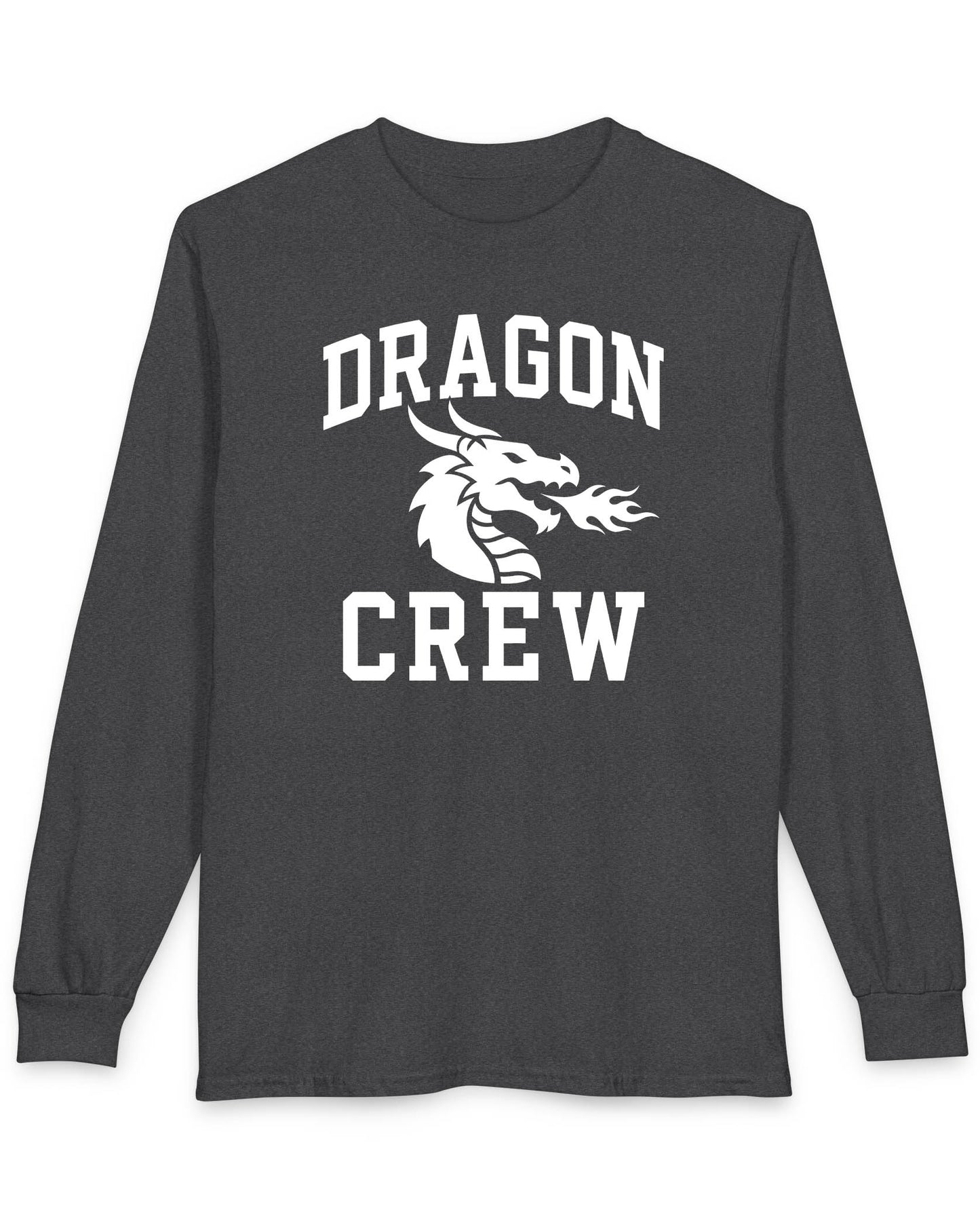 Dragon Crew shirt in dark heather with bold collegiate lettering and a minimalist dragon breathing fire emblem