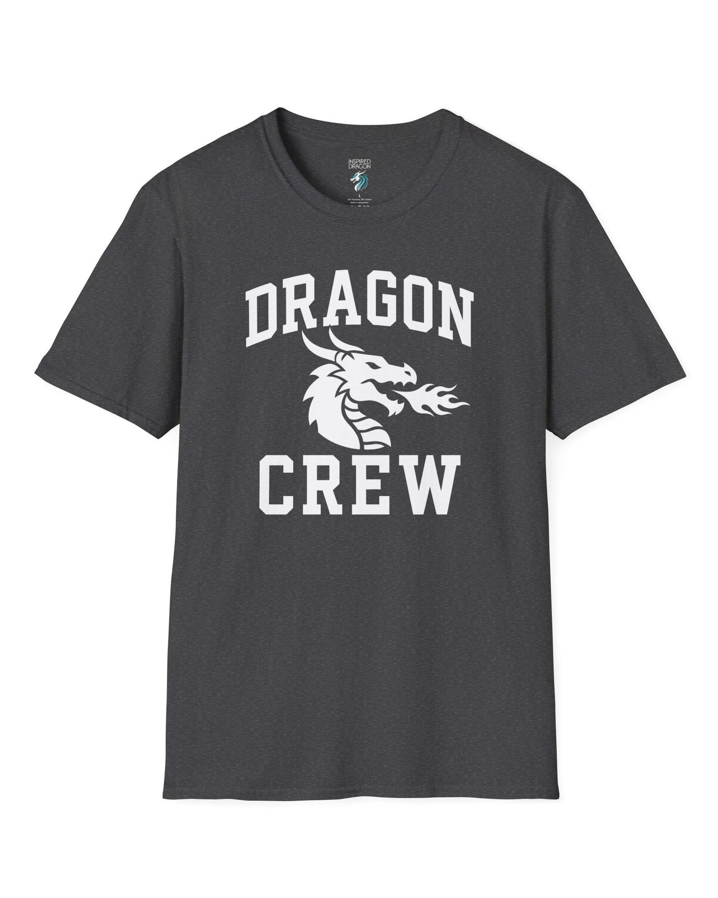 Dragon Crew shirt in dark heather with bold collegiate lettering and a minimalist dragon breathing fire emblem