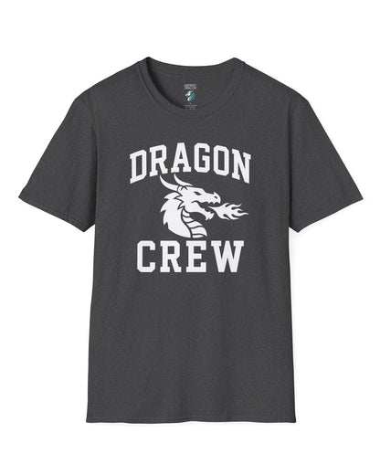 Dragon Crew shirt in dark heather with bold collegiate lettering and a minimalist dragon breathing fire emblem