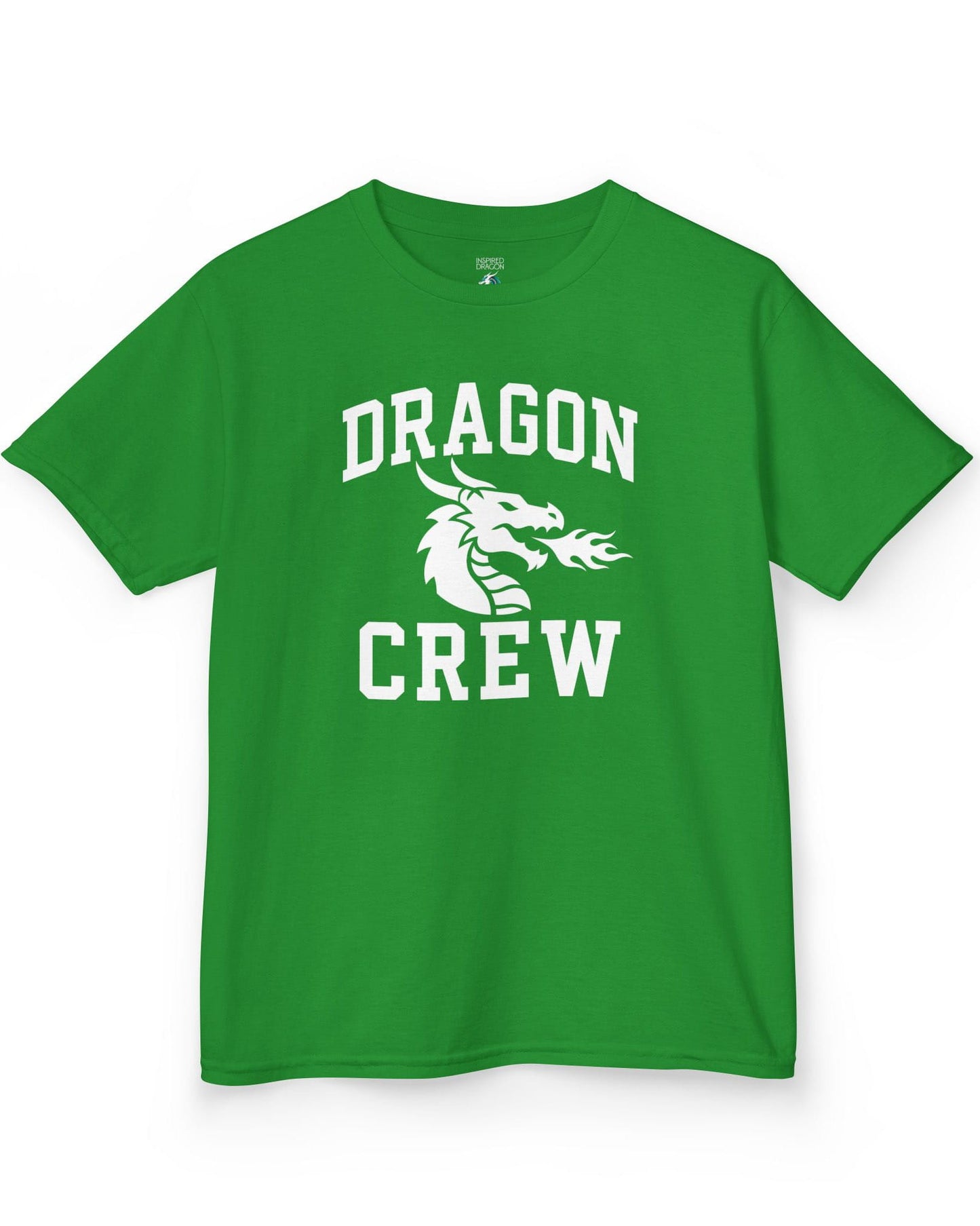 Dragon Crew shirt in Irish green with bold collegiate lettering and a minimalist dragon breathing fire emblem