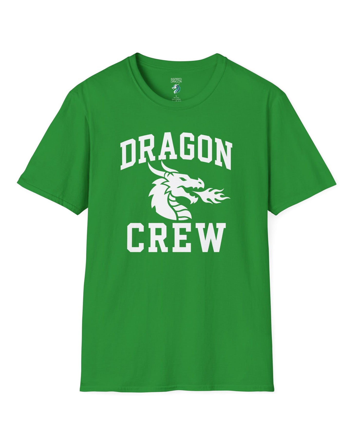 Dragon Crew shirt in Irish green with bold collegiate lettering and a minimalist dragon breathing fire emblem