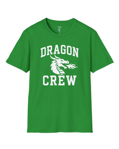 Dragon Crew shirt in Irish green with bold collegiate lettering and a minimalist dragon breathing fire emblem