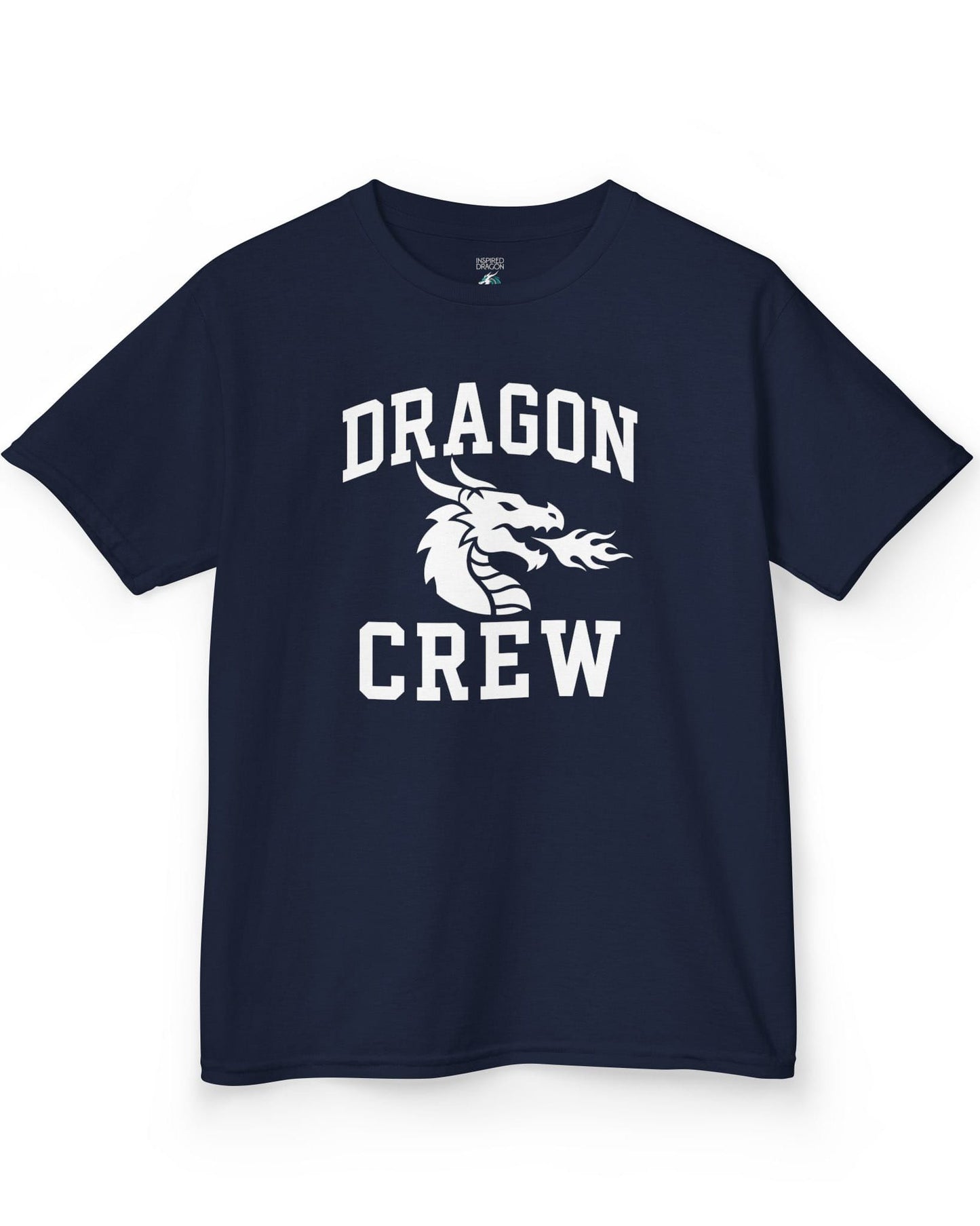 Dragon Crew shirt in navy with bold collegiate lettering and a minimalist dragon breathing fire emblem
