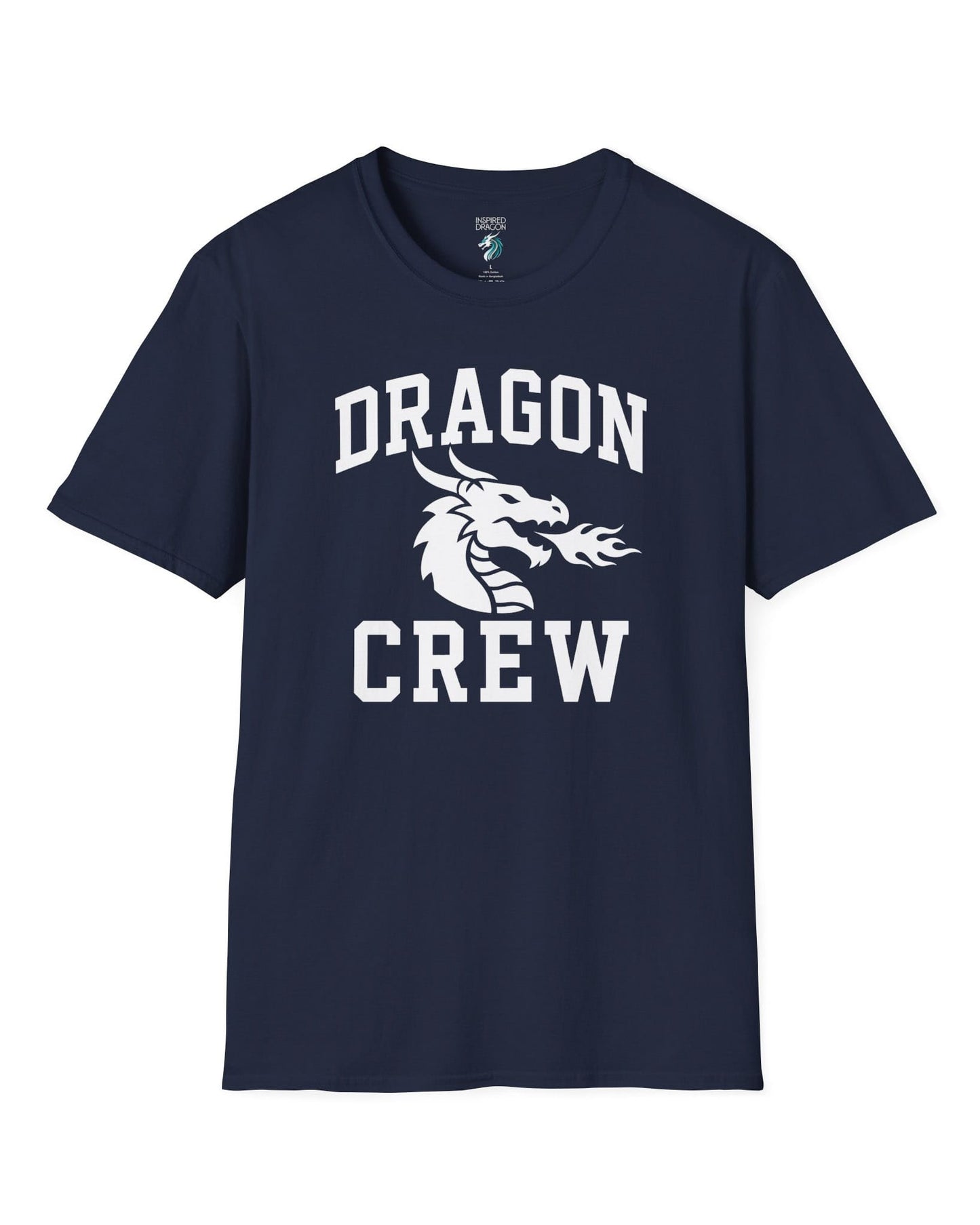 Dragon Crew shirt in navy with bold collegiate lettering and a minimalist dragon breathing fire emblem