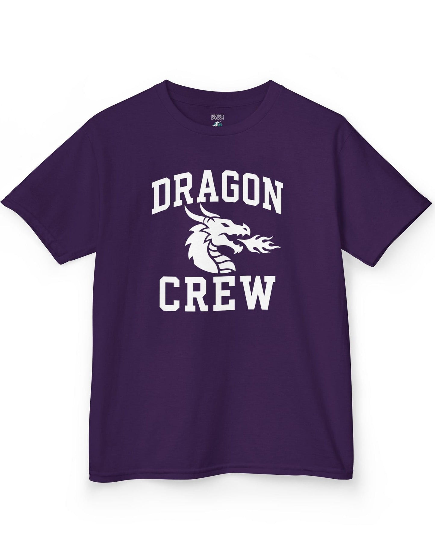 Dragon Crew shirt in purple with bold collegiate lettering and a minimalist dragon breathing fire emblem