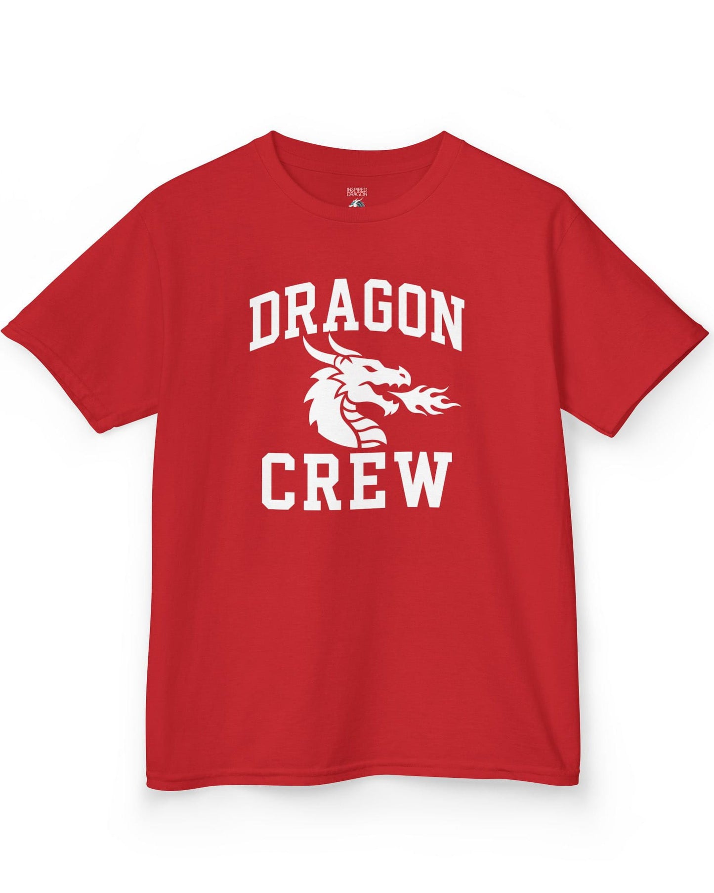 Dragon Crew shirt in red with bold collegiate lettering and a minimalist dragon breathing fire emblem