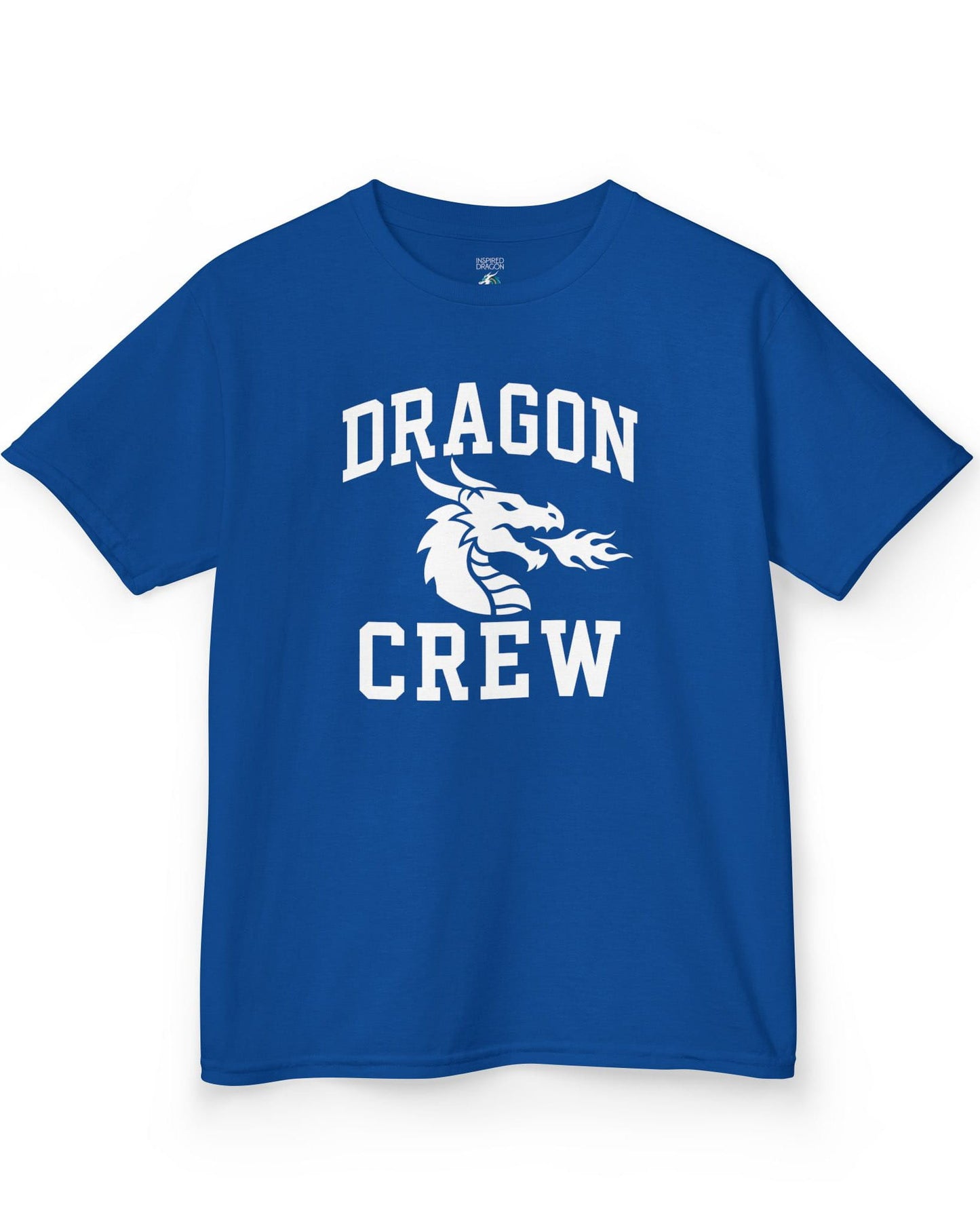 Dragon Crew shirt in royal blue with bold collegiate lettering and a minimalist dragon breathing fire emblem