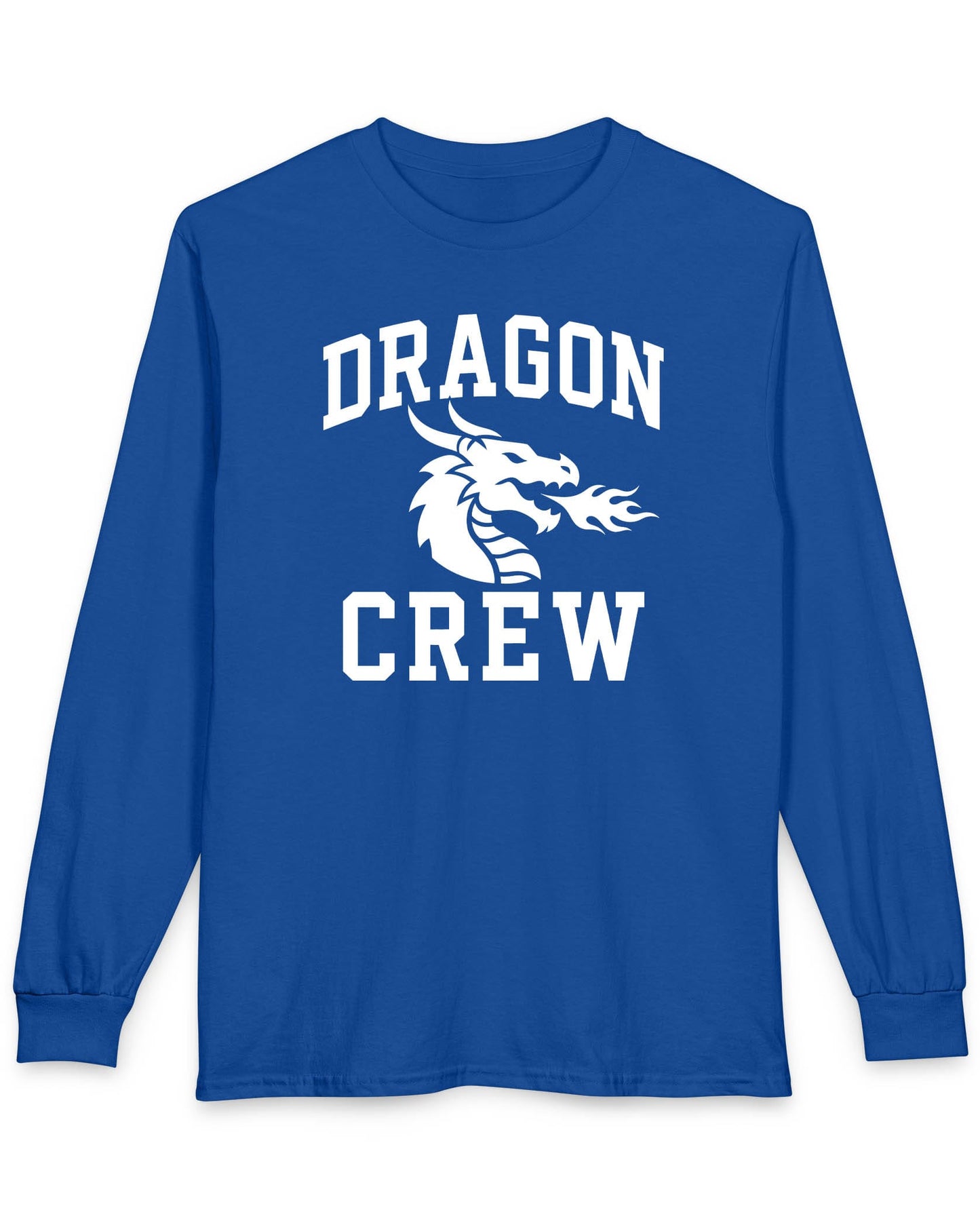 Dragon Crew shirt in royal blue with bold collegiate lettering and a minimalist dragon breathing fire emblem