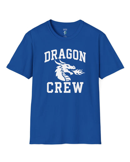 Dragon Crew shirt in royal blue with bold collegiate lettering and a minimalist dragon breathing fire emblem