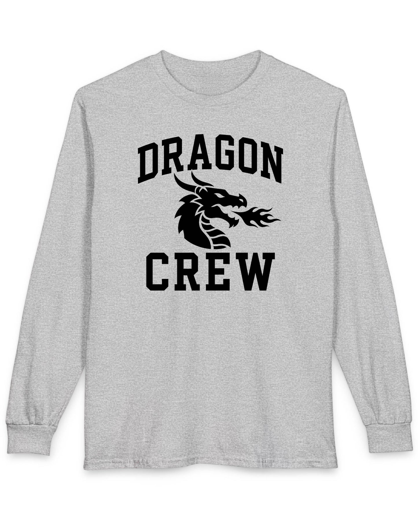 Dragon Crew shirt in sport grey with bold collegiate lettering and a minimalist dragon breathing fire emblem