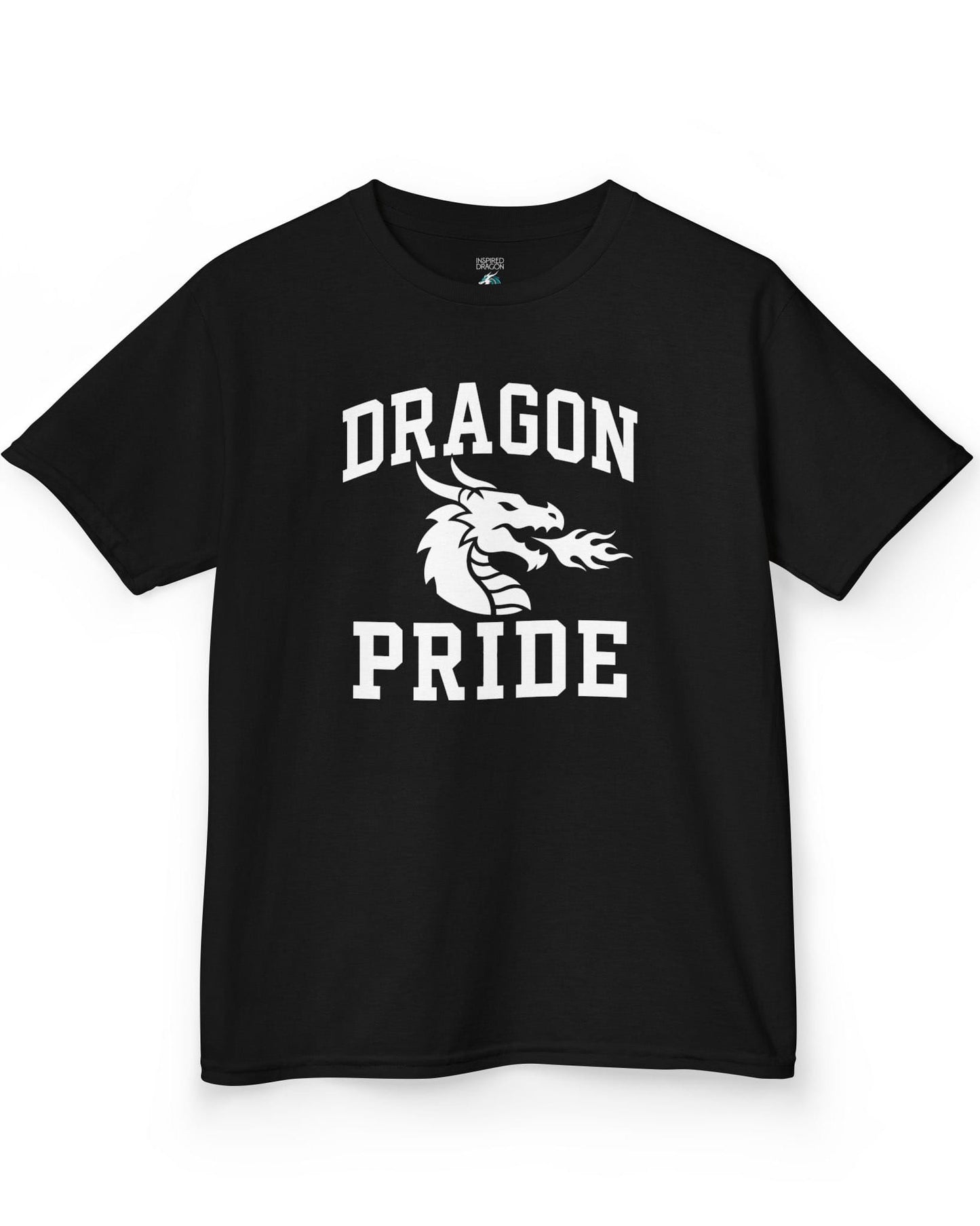 Dragon Pride shirt in black with bold collegiate lettering and a minimalist dragon breathing fire emblem