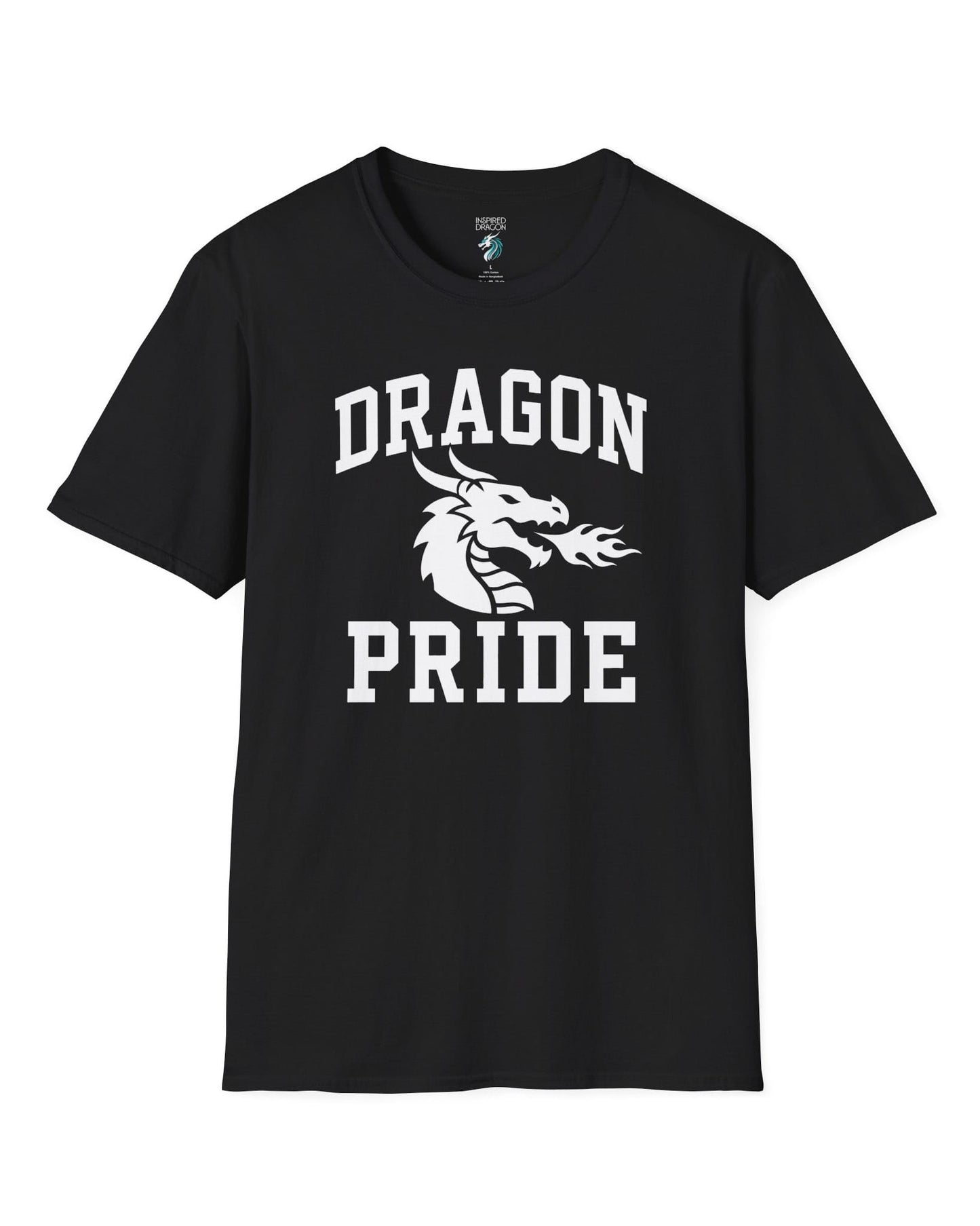 Dragon Pride shirt in black with bold collegiate lettering and a minimalist dragon breathing fire emblem