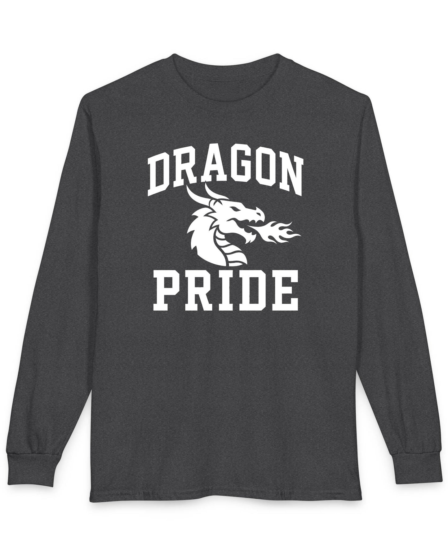 Dragon Pride shirt in dark heather with bold collegiate lettering and a minimalist dragon breathing fire emblem