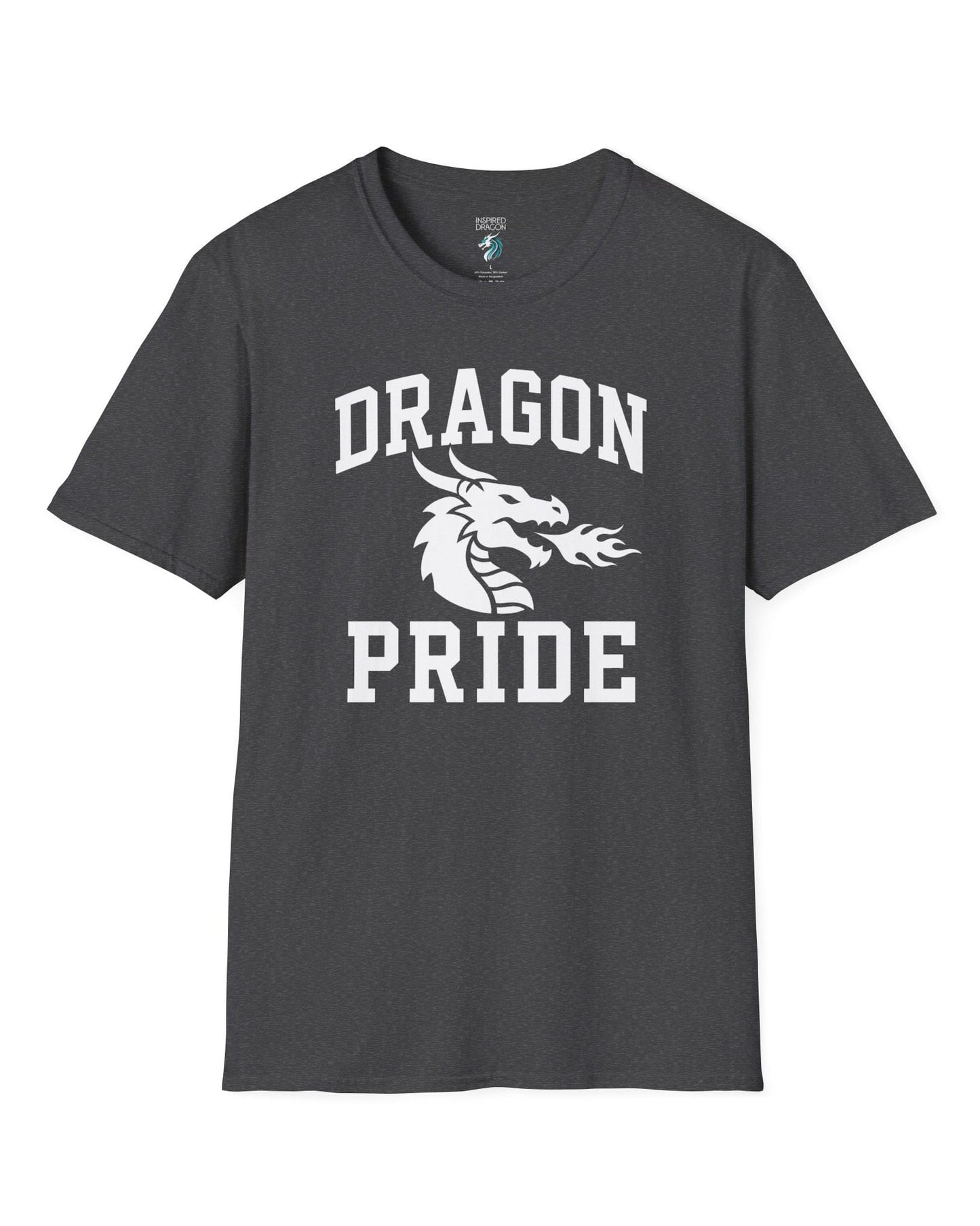 Dragon Pride shirt in dark heather with bold collegiate lettering and a minimalist dragon breathing fire emblem