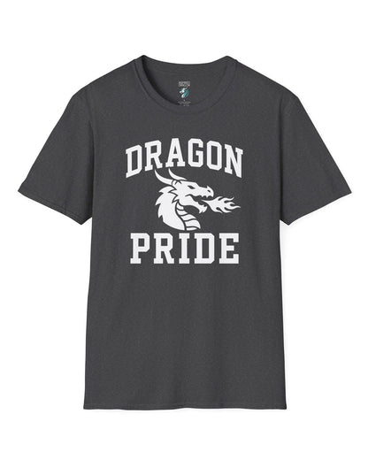 Dragon Pride shirt in dark heather with bold collegiate lettering and a minimalist dragon breathing fire emblem