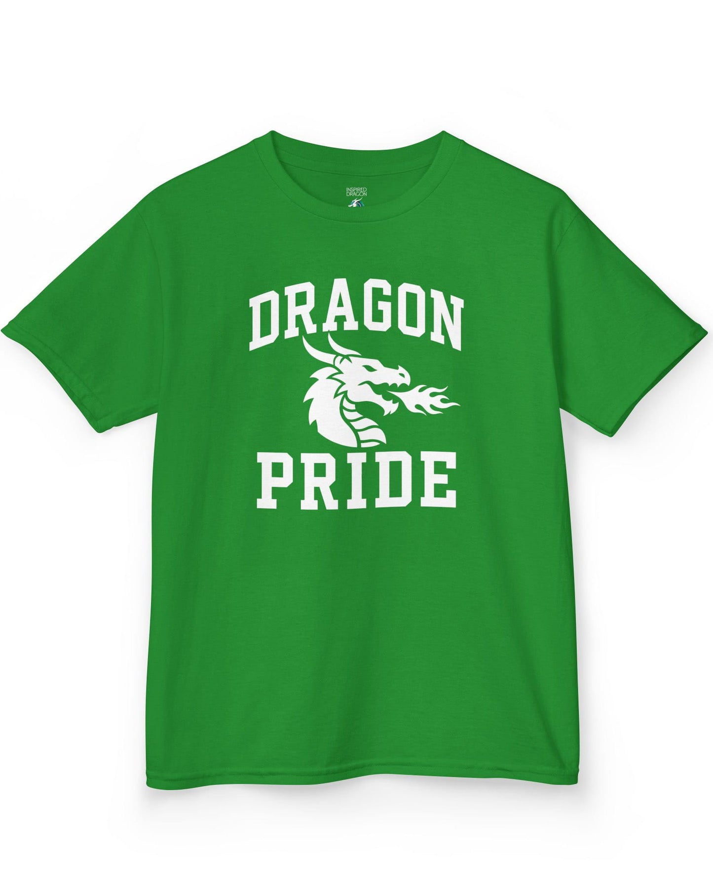 Dragon Pride shirt in Irish green with bold collegiate lettering and a minimalist dragon breathing fire emblem