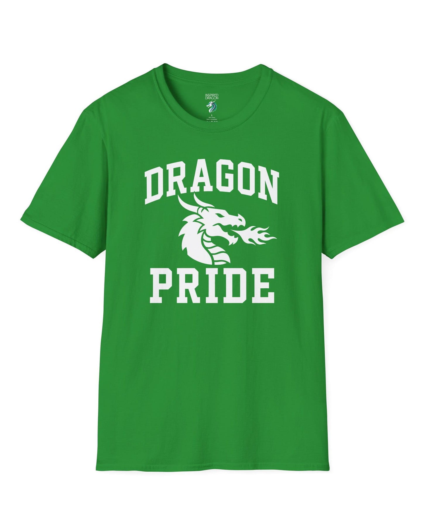 Dragon Pride shirt in Irish green with bold collegiate lettering and a minimalist dragon breathing fire emblem