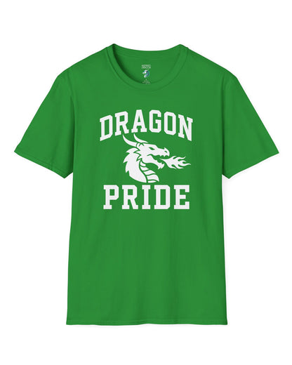 Dragon Pride shirt in Irish green with bold collegiate lettering and a minimalist dragon breathing fire emblem