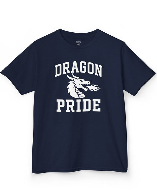 Dragon Pride shirt in navy with bold collegiate lettering and a minimalist dragon breathing fire emblem