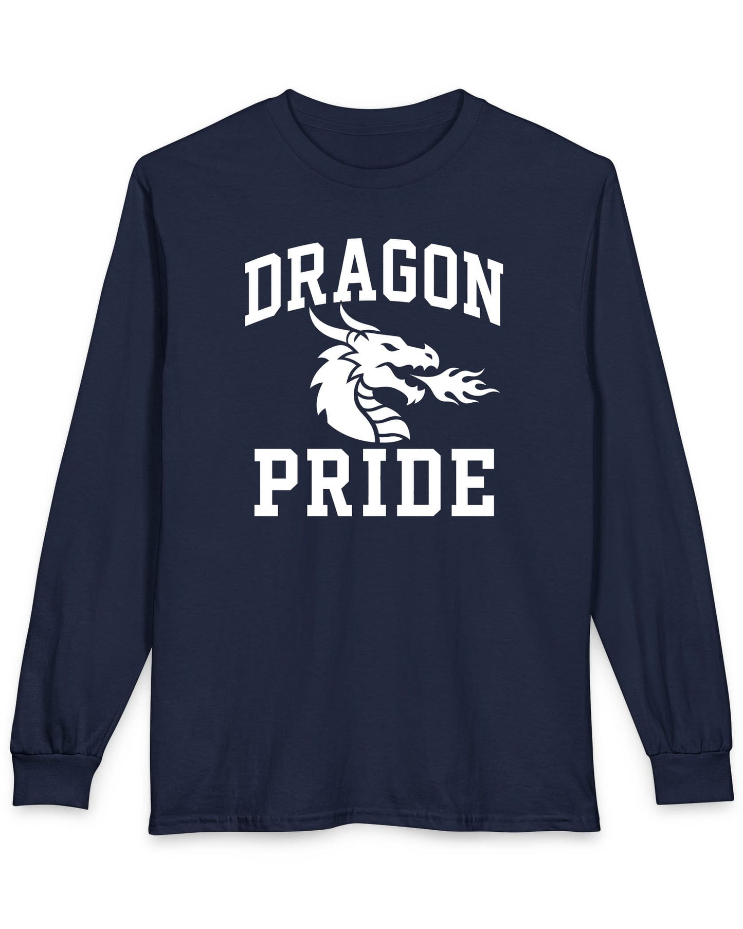 Dragon Pride shirt in navy with bold collegiate lettering and a minimalist dragon breathing fire emblem